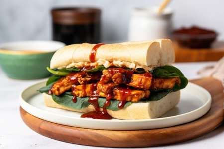 tempeh sandwich with bbq sauce on a ceramic plate, created with generative aiの素材