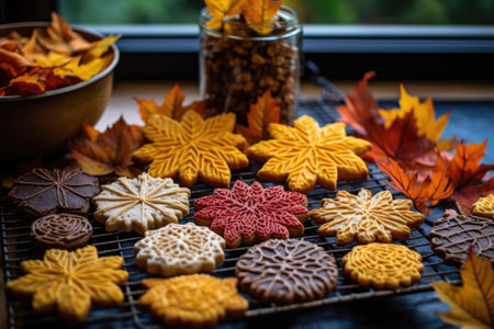 variety of autumn-themed cookies on a cooling rack, created with generative aiの素材