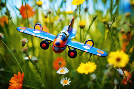 toy plane among wildflowers with a butterfly hovering over it, created with generative aiの素材
