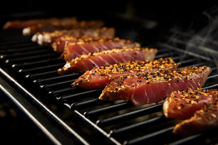 tuna steak on a grill, sesame seeds visibly charring, created with generative aiの素材