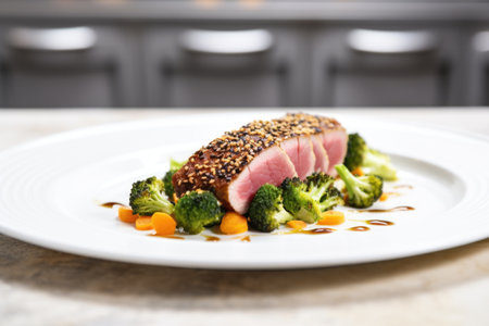 sesame-encrusted tuna steak on a white ceramic plate, created with generative aiの素材