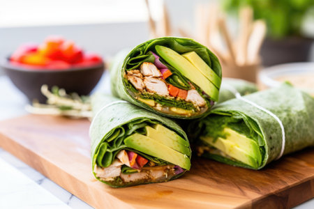 turkey and avocado wrap wrapped in parchment paper, created with generative aiの素材