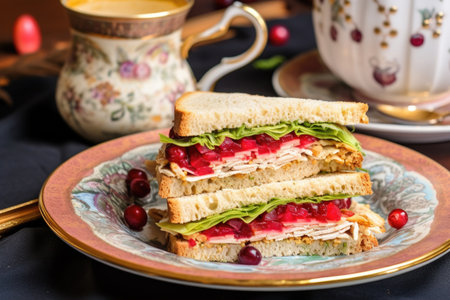 moroccan plate holding a turkey cranberry sandwich, created with generative aiの素材