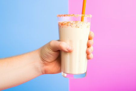 hand holding a vanilla shake against a brightly colored background, created with generative aiの素材