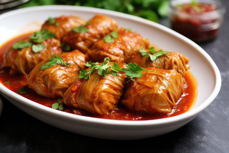 stuffed cabbage rolls on an oval white plate, created with generative aiの素材