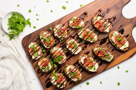 flat-lay of vegan caprese bruschetta with balsamic reduction, created with generative aiの素材