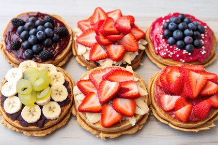 grid of vegan pancakes topped with various fruits: strawberry, blueberry, banana, created with generative aiの素材