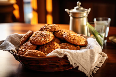 a basket of homebaked cookies on a dining table, created with generative aiの素材