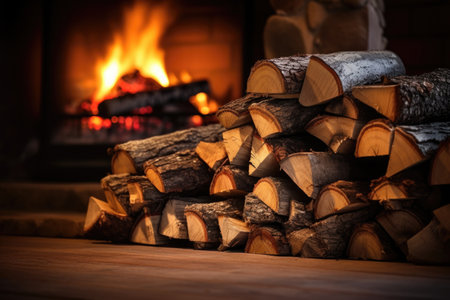 bundle of firewood stacked beside a glowing fireplace, created with generative aiの素材
