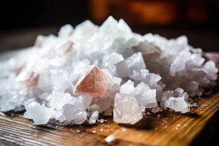 macro shot of salt crystals on a wooden table, created with generative aiの素材