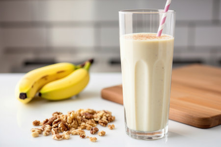 soft-focus walnut and banana smoothie in the foreground with a blender in the background, created with generative aiの素材