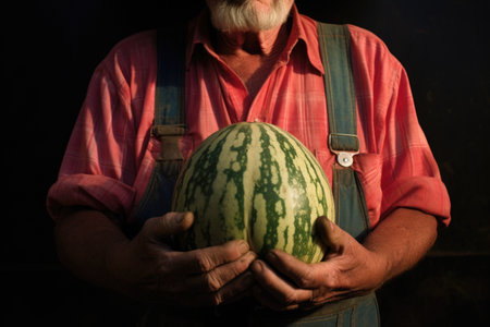 farmerè¢Âs hands holding a freshly cut watermelon, created with generative aiの素材