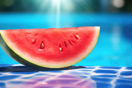 a close-up of a watermelon slice with pool water and a pool float in soft focus behind, created with generative aiの素材
