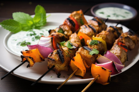close-up of freshly grilled yogurt marinated kebabs on a plate, created with generative aiの素材