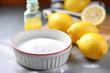 a lemon and baking soda paste in a ceramic dish, created with generative aiの素材