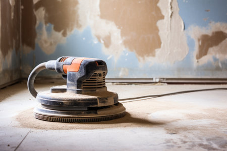 power sander resting on a plastered and sanded wall, created with generative aiの素材