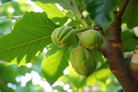 close-up shot of a fully grown fig on a tree, created with generative aiの素材