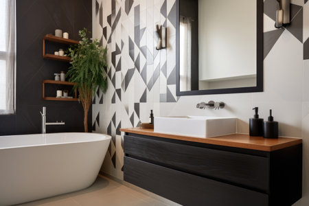 contemporary style bathroom with geometric tile pattern, created with generative aiの素材