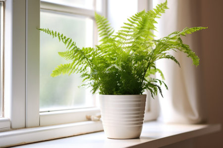 a thick, green potted fern on a white window sill, created with generative aiの素材