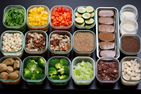 variety of prepped meals in glass containers on a refrigerator shelf, created with generative aiの素材