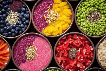 close-up of bright smoothie bowls with seeds and berries, created with generative aiの素材