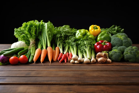 a row of fresh organic vegetables on a wooden table, created with generative aiの素材