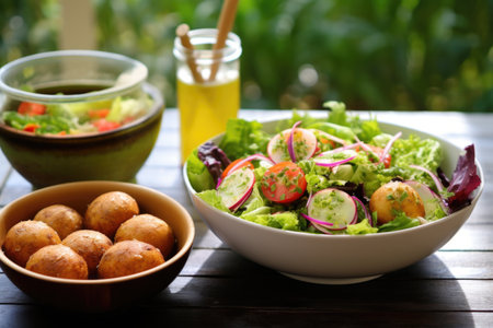 a dozen doughnuts beside a bowl of mixed salad, created with generative aiの素材
