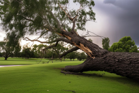 lightning strike damaging a tree in parkland, created with generative aiの素材