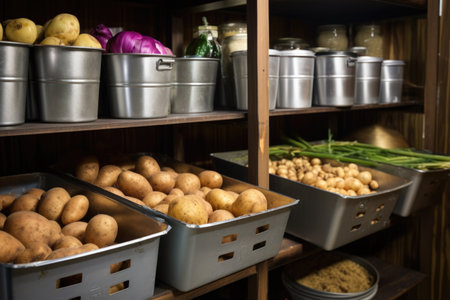 metal bins with potatoes and onions in a cool pantry, created with generative aiの素材