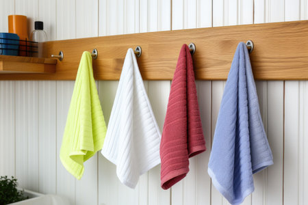 clean kitchen towels hanging from hooks, created with generative aiの素材