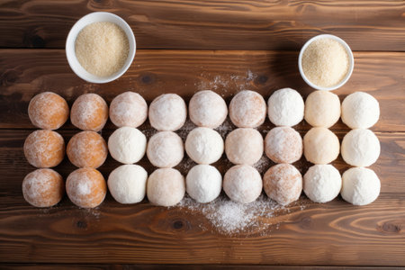 sugar donuts neatly arranged on a wooden table, created with generative aiの素材