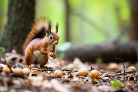 a squirrel gathering nuts in a forest, created with generative aiの素材