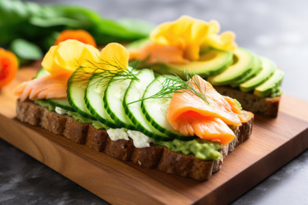 an open sandwich with avocado, smoked salmon, and cucumber, created with generative aiの素材