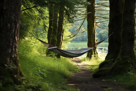 a hammock strung between two trees in a secluded spot, created with generative aiの素材