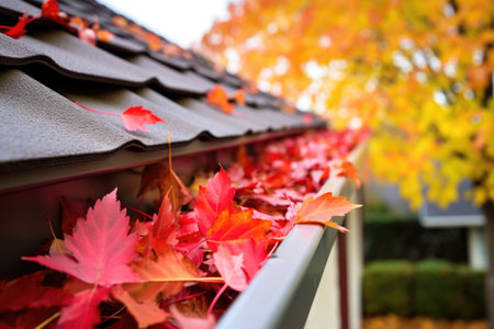 bright red gutter with autumn leaves clogging it, created with generative aiの素材