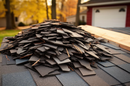 a bundle of new asphalt roof shingles, created with generative aiの素材