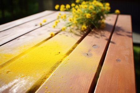 wooden table dusted with coat of yellow pollen, created with generative aiの素材