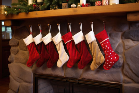 plush felt stockings hung on a wooden mantle, created with generative aiの素材