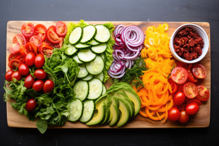 neatly prepared salad on a bright, clean board, created with generative aiの素材