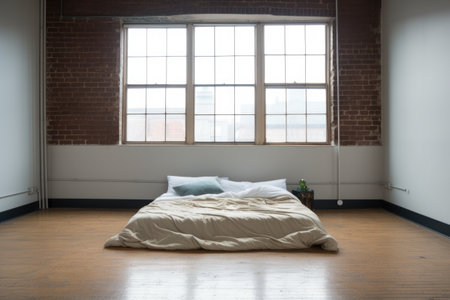 a bed in a room with a free corner with no furniture, created with generative aiの素材