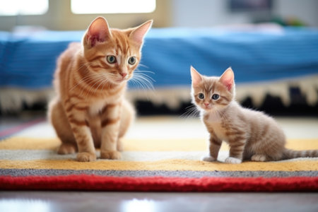 tiny kitten near an adult cat sitting on a mat, created with generative aiの素材