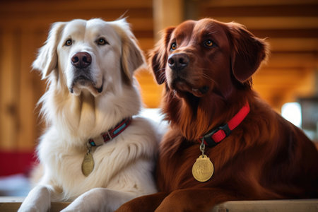 matching collar tags on two dogs sitting side by side, created with generative aiの素材