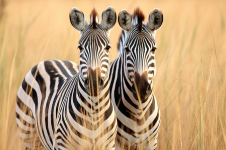 pair of zebras standing side by side in a savannah, created with generative aiの素材