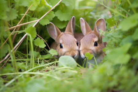 two rabbits nudging each other away from a patch of clover, created with generative aiの素材