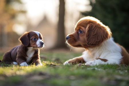 a bigger dog watching over a small puppy, created with generative aiの素材