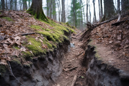 uneven ground on a hiking trail, created with generative aiの素材
