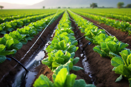 drip irrigation system watering rows of lettuce, created with generative aiの素材