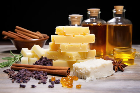 piled soap bars with ingredients behind, created with generative aiの素材