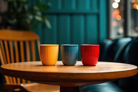 two coffee cups on a table, suggesting a friendly chat, created with generative aiの素材