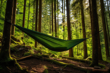 solo hammock hanging between two trees in the forest, created with generative aiの素材